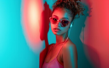 Wall Mural - A woman with a red tank top and sunglasses is standing in front of a wall. She is wearing headphones and she is listening to music. The image has a vibrant and energetic feel, with the red
