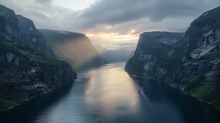 Wall Mural - Aerial view of the Norwegian Fjords, featuring the steep cliffs and deep waters of the fjords with small villages nestled