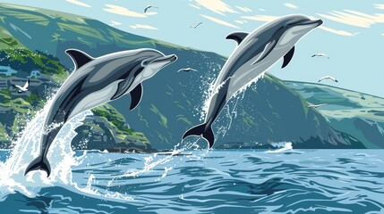 Two dolphins jumping out of the water in a blue ocean