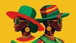 Illustration of a Juneteenth freedom day, Elegantly dressed women in stylish hats and sunglasses on yellow background.