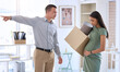 © peopleimages.com - Boss, man and dismissal pregnant woman in office with box, sad and discrimination with inequality in workplace. Business people, manager and fire employee for pregnancy with point at creative startup
