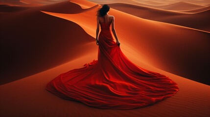 beautiful woman in a long red dress stands in the middle of a desert landscape with high sand dunes