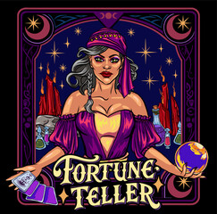 Beautiful woman prophetess, fortune-teller  holding tarot cards. Colour line vector illustration. Boho style for icon, logotype, avatar, tattoo, poster, print design