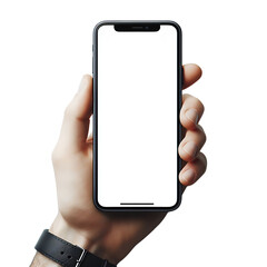 Wall Mural - Mockup of smartphone in male hand with clock isolated. Blank white screen. Mobile application design and advertising, online marketing.