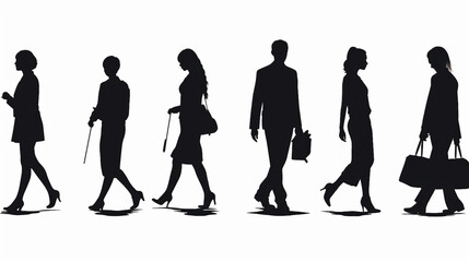 Wall Mural - Vector clip art illustration featuring a diverse set of silhouettes depicting people in various walking poses. The collection showcases different styles and movements, perfect for modern graphic
