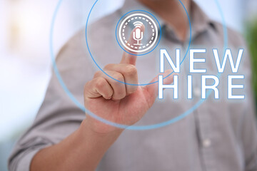 Aufkleber - New hire, button and businessman for virtual employee, click and digital for recruitment process. Finger, press and hiring for creative agency and web design, technology and voice for record speaker