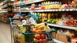 © May Chanikran - A grocery cart full of healthy food items. The cart is in the grocery store aisle.