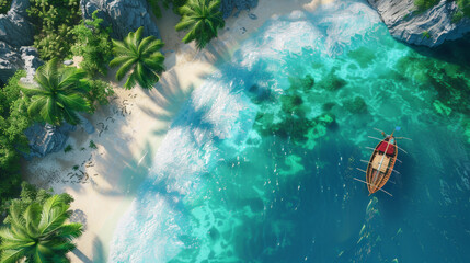 Sticker - Aerial view of a vibrant tropical coastline, azure ocean waves meeting white sandy beaches dotted with palm and coconut trees.