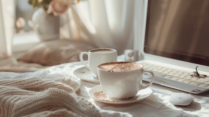 A cappuccino on a work table in a boho-style office