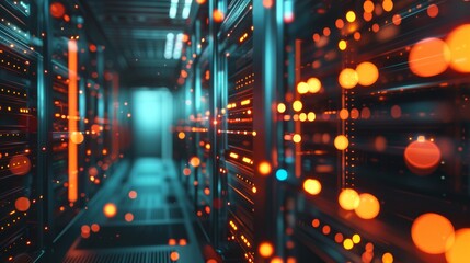 server room and big data storage concepts with orange light glow