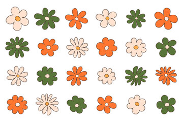groovy hippie 70s set. funny cartoon flower, daisy, etc. sticker pack in trendy retro psychedelic ca