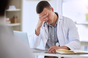 Poster - Laptop, doctor and man with headache, stress and fatigue with crisis, overworked and exhausted. Person, medical and professional with pc, tired and physician with migraine, frustrated and burnout