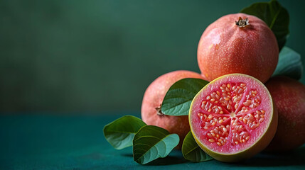 Wall Mural - red guava fruit and green leaves on a green table