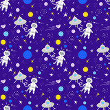 Fototapeta Pokój dzieciecy - Vector seamless pattern, solar system planets with cute kids spaceship and cat as astronaut.
