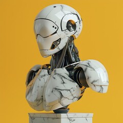 Futuristic Marble Bust of Innovative Cyborg Figure on Vibrant Yellow Background
