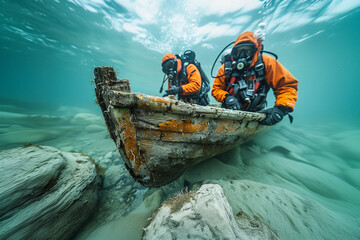 Aquatic archaeologists documenting ancient submerged ruins, shedding light on mysteries of the past .Two divers explore the underwater world from a boat