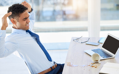 Aufkleber - Businessman, upset and laptop in coffee or splash in office, hands for backup or water on technology. Male person, frustrated and computer with drink or spill at work, accountant with accident