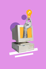 Poster - Vertical collage poster computer monitor display screen lightbulb eureka invention solve smart thought idea plan drawing background