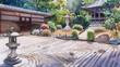 watercolor of A serene Japanese Zen garden , traditional stone lanterns, and beautifully raked gravel patterns, Generative AI