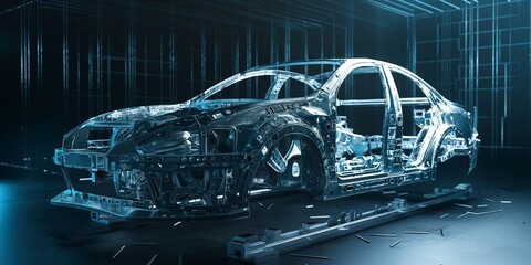 The image shows a car body without exterior panels. The car is in a digital environment. The car looks like a skeleton.