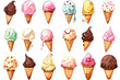 illustration Set of different ice cream scoops in waffle cones isolated on white background, top view