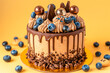 Chocolate cake decorated with blueberries and cookies on yellow background