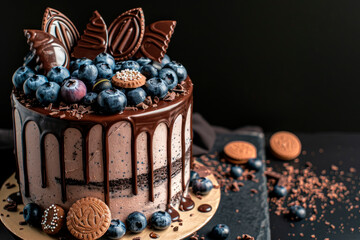 Poster - Chocolate cake decorated with blueberries and cookies on dark background