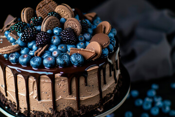 Poster - Chocolate cake decorated with blueberries and cookies on dark background