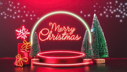 Wall Mural - podium display product empty theme merry christmas neon and background text, business podium display