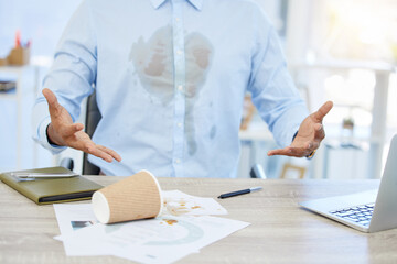 Aufkleber - Businessman, upset and laptop with coffee or splash in office, hands for backup or stain on shirt. Male person, frustrated and computer with drink or spill at work, accountant with accident or mess