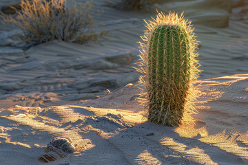 A cactus is standing in the desert