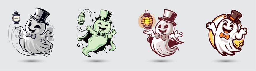 Sticker - Happy ghost floats with a bowtie and hat, Generative AI