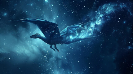 Wall Mural - a blue dragon flying through the sky with stars in the background