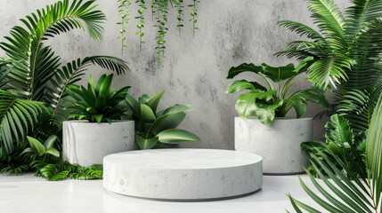 Wall Mural - A white pedestal with three potted plants surrounding it
