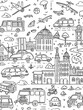 A black and white drawing of a busy street with many different types of vehicles, including cars. 