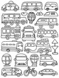A black and white drawing of a busy street with many different types of vehicles, including cars. 