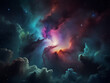 © mnjrstd - Abstract vibrant hues of purple, pink and blue nebula with glowing stars, cosmic dust clouds against dark space. Deep space science fiction background. Generative AI.