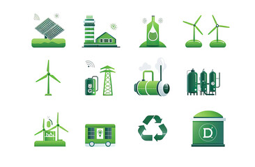 Green hydrogen fuel production icons set water electrolysis, hydrogen atom, solar energy, windmill, fuel tank, pipeline, hydrogen transport, gas station