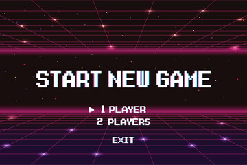Poster - start new game play .pixel art .8 bit game. retro game. for game assets in vector illustrations. ret