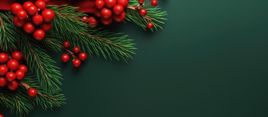 A festive card concept featuring a closeup top view image of a Christmas decoration background The red paper backdrop is adorned with fresh branches from a spruce Christmas tree creating a vibrant an