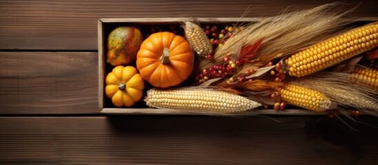 A creative composition showcasing a mix of pumpkins corn and wheat in a rustic wooden box and straw representing the colorful and organic bounty of the autumn season It serves as an ideal backdrop fo