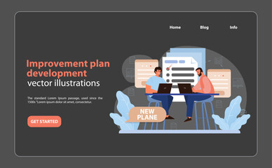 Poster - Benchmarking Plan Development Vector. Collaborative teamwork in action.