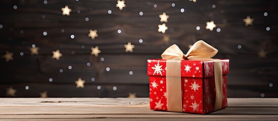 The festive season of Christmas and New Year s is beautifully portrayed in this image featuring a rustic wooden backdrop adorned with a vibrant red gift box. Copyspace image