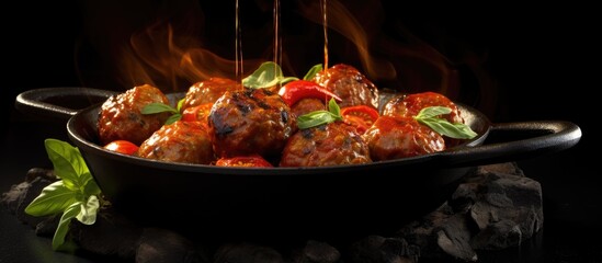 Wall Mural - A copy space image of meatballs in a frying pan with a dark background served in a sweet and tangy tomato sauce infused with spices