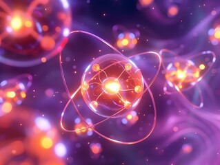 Poster - Visualization of Nitrogen Atom s Subatomic Structure with Glowing Electron Orbitals and Nucleus
