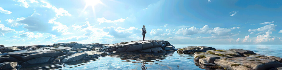 Coastal Calm: A person on a rocky shore, eyes closed, arms outstretched, feeling the calmness and serenity of the coastal environment. 