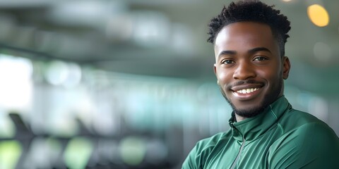 Wall Mural - African American fitness trainer in green sportswear smiling at the gym. Concept Fitness Training, African American, Gym, Green Sportswear, Smiling