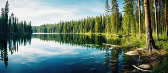 Wall Mural - A serene lake nestled in the midst of the enchanting Finnish Lapland surrounded by a picturesque forest A beautiful copy space image