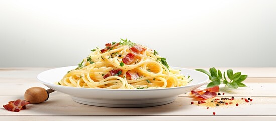 Wall Mural - A copy space image of spaghetti carbonara served on a white dish with a cheese sauce and chopped bacon placed on a white wooden table