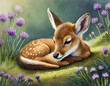 Small fawn sleeping on the grassy ground, illustration.